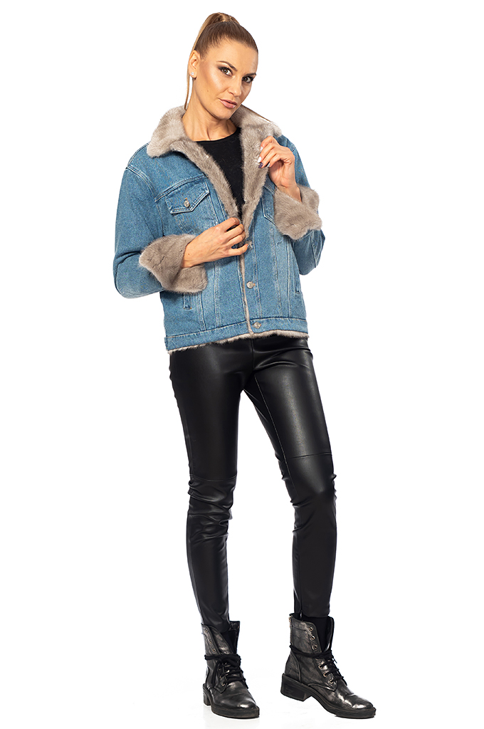 Ladies denim jacket with mink leather